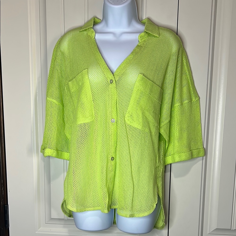 DAVI & DANI Neon Lime Mesh Button-Down Shirt